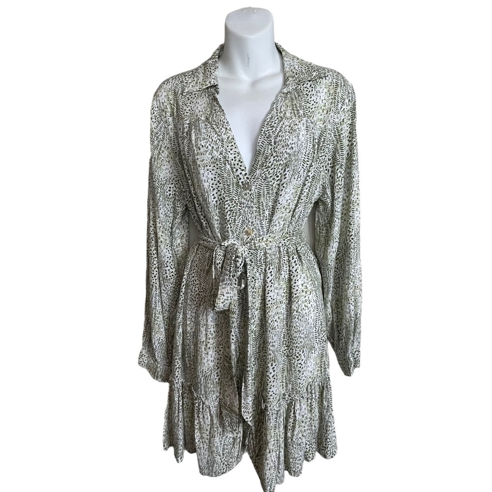 Lusana Button Up Mini Dress Tie‎ Waist Belt Green White Size M